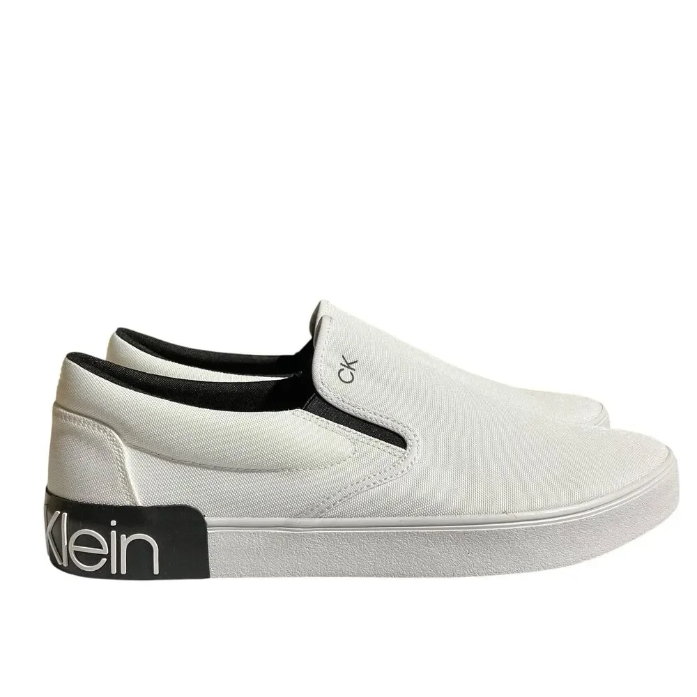 Calvin Klein Slip On Sneakers Mens 13 White Canvas Logo Casual‎ Shoes Coastal